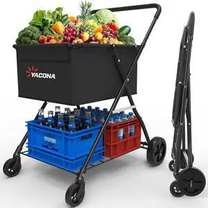 Heavy-Duty 2-Tier Folding Shopping Cart with Wheels - ble-Layer Waterproof Grocery & Utility Wagon, Portable Design for Laundry, Storage and Transport, 150LB Capacity