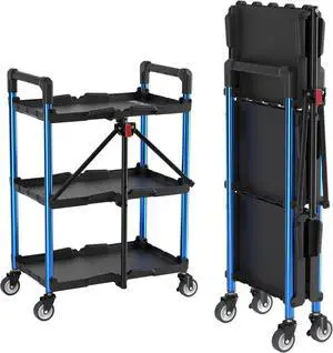 3-Tier Collapsible Service Cart, 210 LBS Foldable Utility Service Cart with Wheels, Portable Tool Cart for Garage, Warehouse, Home, Restaurant, Office (No Assembly Required)