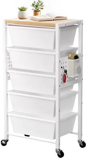 Rolling Cart with 5 Drawers, Plastic Drawer Storage Carts with Wheels & Wooden Tabletop, Metal Utility Cart with Pegboards, Office Living Room Classroom Craft Organization and Storage, Bright White