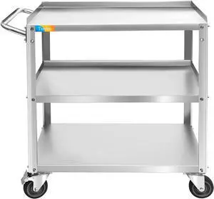3 Tier Stainless Steel Utility Cart Commercial Heavy Duty Rolling Cart Food Storage Service Trolley with Handle and Wheels for Kitchen Restaurant Hospita Lab and Hotel 16.5"W x 27.6"L x 31.9"H