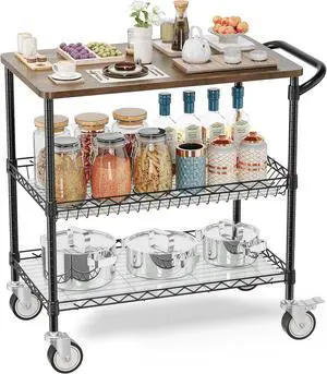 Rolling Kitchen Carts with Wheels, 34" L x 17.5" W, 3-Tier Heavy Duty Utility Cart with Wood Tabletop, NSF Commercial Metal Serving Cart with Handle and Shelf Liner for Kitchen, Black