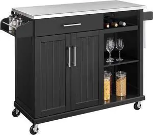 Kitchen Cart with Stainless Steel Top and Storage Cabinet, Kitchen Island on Wheels with Drawer & Open Shelves & Wine Rack & Spice Rack, 18" D x 51" W x 36" H, Black