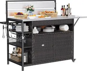 XL Outdoor Kitchen Wicker Island Rolling Cart & Storage Cabinet, Wheels and Stainless Steel Extended Table Top, Side Handle for Patio Kitchen or Bar Cart, Dark Brown