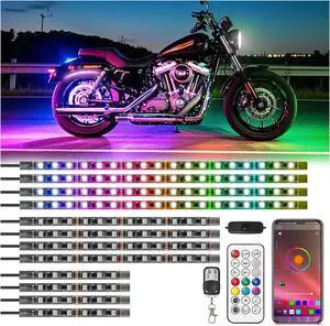 12Pcs RGB+IC Chasing Motorcycle LED Lights with APP/RF Remote, Dreamcolor Motorcycle LED Underglow Kit with Brake Turn Signal, 12V Waterproof Neon Strip Lights Kit for Harley Kawasaki ATV Golf Cart