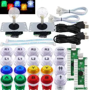 Arcade 2 Player Game Controller Stick DIY Kit LED Buttons with Logo MX Microswitch 8 Way Joystick USB Encoder Cable for PC MAME Raspberry Pi Color Mix