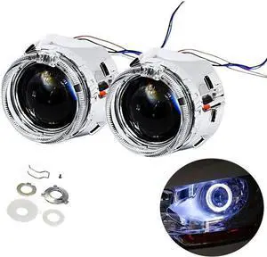 2.5 Inch H1 8.1 Ver Bixenon Projector Lens Hi/Lo Beam Function with White Angel Eyes Decoration,Halo Rings DRL Function,Chrome Shrouds Mask,Fit for H1 H4 H7 Car Motorcycle Retrofit