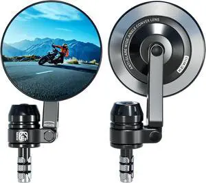 Aluminum Alloy Rainproof Motorcycle Bar End Mirrors, CNC Machined Anti-Glare Blue Lenses Motorcycle Rear View Mirrors, Foldable Multi-Angle Adjustable Fit for 12-18mm Handlebar Inner Diameter