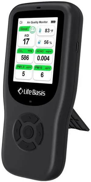 LifeBasis Air Quality Monitor Indoor, 11-in-1 Air Quality Detector with Stand, Real-Time Air Meter Test AQI, PM1.0, PM2.5, PM10, CO2, TVOC, HCHO, Particles, Temperature and Humidity, Dual Alert -Black LifeBasis Air Quality Monitor Indoor, 11-in-1 Air Quality Detector with Stand, Real-Time Air Meter Test AQI, PM1.0, PM2.5, PM10, CO2, TVOC, HCHO, Particles, Temperature and Humidity, Dual Alert -Black