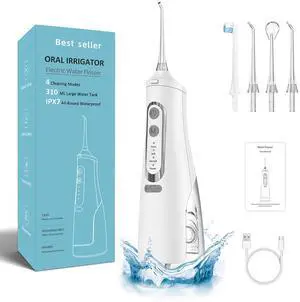 YEVYO Cordless Water Flosser Rechargeable - 4 Cleaning Modes, 310ml Water Tank, IPX7 Waterproof - Portable Water Dental Pick for Braces & Adults - White