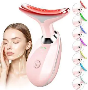 YEVYO Face Massager Red Light Therapy for Face - 7 Colors Facial Neck Massager with Red Light Therapy, Portable Skincare Tool for Tightening & Lifting - Gift for Women - White Pink