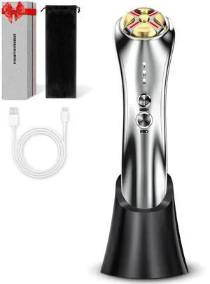 YEVYO 7-in-1 RF Facial Massager Device - Microcurrent EMS Face Lifting Tool, LED Red Blue Light Therapy, Ionic Skin Cleanser - Skincare for Women at Home or Travel - Silver