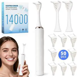 YEVYO Electric Flosser for Teeth - 140000 Ultra-High Frequency Dual-Line Flossing, Cleaning, Tongue Scraper, Gum Massager - Reusable Flossers,  White