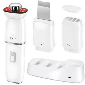 YEVYO Multifunctional Facial Device 6-in-1 - Ultrasonic Skin Scrubber RF EMS LED Light Therapy Wand - Deep Pore Cleanser Face Tightening Tool for Women - Wireless Charging for Home Use - White