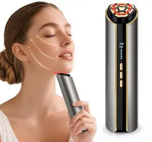 YEVYO Radio Frequency Facial Device - EMS Face Lift Massager Tool with Red Blue Light for Wrinkle Removal and Lifting - for Women Home Use - Silver Gray
