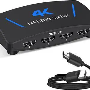 WISDUM 4K HDMI Splitter 1 in 4 Out,AUBEAMTO 1x4 HDMI Splitter Duplicate/ Mirror Screen, 4 Port HDMI Splitter Powered Support 4Kx2K@30Hz 3D for PS5, Roku, TV Box - 1 Source to 4 Displays