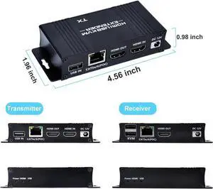 HDMI KVM USB Extender Over Cat5e/6/7-164FT HDMI to RJ45 1080P@60hz HDMI Over Ethernet KVM Extender Transmitter Receiver Support Keyboard Mouse USB Control No Latency Single Power Supply POC Function