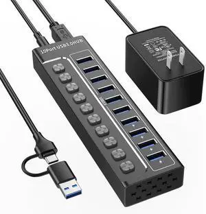 AUTYUE Powered USB Hub 3.0, 10-Port USB 3.0 Hub Splitter with Individual Switches and Indicator Lights, 10 USB 3.0 Data Transfer Ports, (included 4 Charging Ports) + 12V 3A Power Adapter