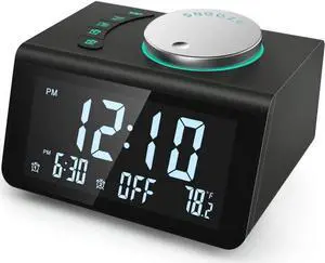 WISDUM Small Digital Alarm Clock Radio - FM Radio, Dual USB Charging Ports,Dual Alarms with 7 Alarm Sounds, Adjustable Volume, Temperature, 5 Level Brightness Dimmer, Battery Backup, Bedrooms (Black)