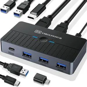 WISDUM USB 3.0 Switch 2 Computers Sharing USB C & A Devices, 4 Ports USB Switcher 2 in 4 Out for PC Laptop Mouse Keyboard Printer KVM Switch Selector with 3 USB Cables/1x USB A to USB-C Adapter