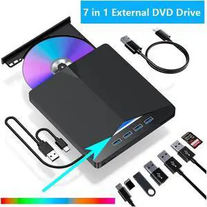 WISDUM External CD DVD Drive for Laptop [7 in 1], Portable DVD Player for Laptop, USB 3.0 Type C External CD Burner +/-RW CD ROM DVD Drive, CD Reader Compatible with Windows 11/10/8/7 Linux, Mac OS