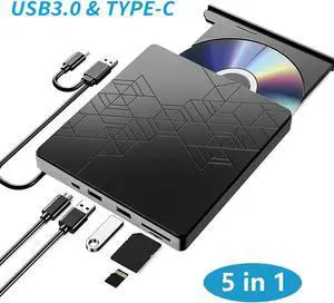 [5 in 1] External DVD Drive, External DVD CD Drive USB 3.0 Type-C DVD/CD+/-RW Burner Drive with USB Port & SD TF Slot, External Optical DVD Drive for Windows XP/2003/Vista/7/8.1/10,Linux,Mac OS System