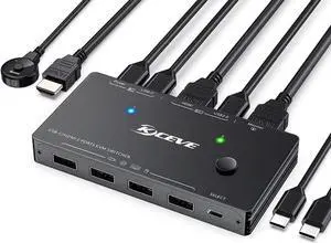 USB Type-C HDMI KVM Switch 4K@60Hz, USB C +HDMI Switch for 2 Computers Share 1 Monitor and 4 USB Devices,Compatible with Thunderbolt 3, with 100 W Power Delivery, Wired Remote and 3 Cables Included