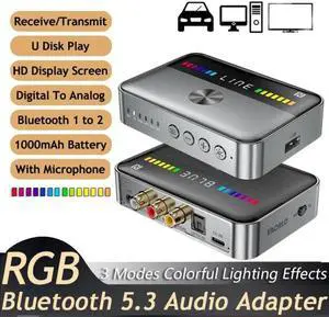 WISDUM Bluetooth 5.3 Transmitter Receiver, 2-in-1 Bluetooth Adapter HiFi Audio Bluetooth Receiver, DAC Converter with LED Display RGB Light and NFC 3.5mm AUX RCA Optical Coaxial USB for PC/TV/Car