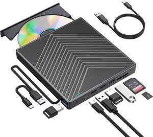 WISDUM 8 in 1 External CD DVD Drive, CD Burner DVD Player USB 3.0 with 4 USB Port and 2 SD/TF Card Reader, USB-C CD/DVD-ROM +/-RW Disk Drive Adapter Writer for Laptop PC Windows 11/10/8/7 Linux MacOS