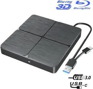 WISDUMExternal Bluray DVD Drive, USB 3.0 and Type-C Portable CD/DVD Drive 3D Blu-ray External DVD Drive Slim Optical External Blu-ray Player Compatible for Windows XP/7/8/10/11 MacOS Laptop,Desktop PC