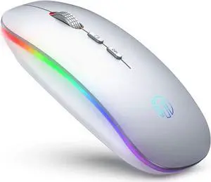 WISDUM LED Wireless Mouse, Rechargeable Silent 2.4G Wireless Computer Mouse with Home Button, RGB Cordless Mice for Laptop, PC,Mac, Silver