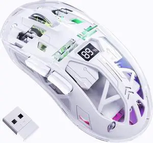 WISDUM Transparent Wireless Gaming Mouse, Dual Mode BT 5.0/2.4G PC Gaming Mice, PixArt 3212 5 Adjustable DPI, Rechargeable Silent Mouse with Digital Screen, RGB Backlight Mouse for Win/Mac(White)