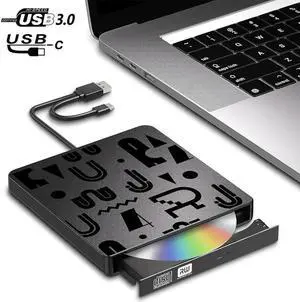 WISDUM  External CD DVD Drive, USB 3.0 & Type-C Portable CD/DVD +/-RW ROM Burner Rewriter, Slim Optical Drive CD DVD Player Disc Reader for Pc Laptop Windows 7/8/10/11/ XP/ Vista Linux/ MAC OS