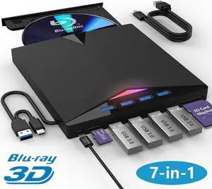 [7-in-1] External Blu Ray Drive, USB 3.0 Type-C External CD/DVD Drive, 3D Blu Ray CD DVD Drive, DVD/BD Player Read/Write Portable Blu-ray Drive for Laptop Windows PC Mac MacB-ook Desktop