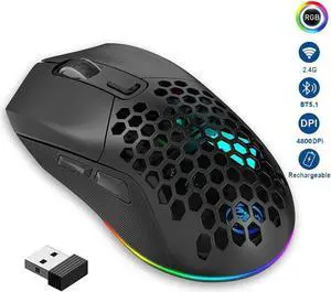 Lightweight Gaming Mouse, Rechargeable Wireless Gaming Mouse, (Bluetooth 5.1 + 2.4Ghz RF) Dual Mode Wireless Mouse with USB Receiver RGB Backlight Computer Mouse for Laptop PC (Black)