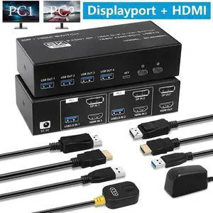 4K 120Hz HDMI + Displayport KVM Switch 2 PC 2 Monitor, 8K@60Hz DP 1.4 + HDMI 2.1 Dual Monitor USB 3.0 KVM Switch, Support Extended & Copy Mode, with Desktop Controller and 2 HDMI+DP+USB Cables