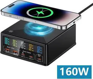 [6 in 1] USB Charging Station, 5-Port USB C Charging Station with 65W PD USB-C Port, QC3.0 Port, Wireless Charger, LCD Display Multi Port Fast USB Charging Hub for Smartphones Tablet Laptop etc.