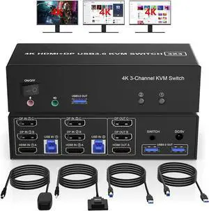 WISDUM  1 HDMI + 2 Displayport 3 Monitor KVM Switch USB 3.0 for 2 Computers, 4K@60Hz Triple Monitor KVM Switch with Audio and 3 USB 3.0 Ports, 2 Computers Share 3 Monitors Keyboard Mouse Switcher