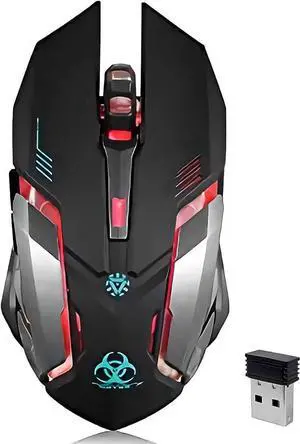 WISDUM  2.4G RF Wireless Gaming Mouse, Silent Click Wireless Rechargeable Mouse with Colorful LED Lights and 3 Level DPI 400mah Lithium Battery for Laptop and Computer (Black)