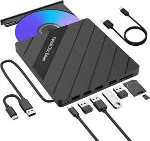 WISDUM  8 in 1 External CD/DVD Drive for Laptop, USB 3.0 Portable External CD Burner Reader Writer with 4 USB Ports/2 TF SD Slots/1 Type C Port, Disc Optical Drive for Laptop/PC/Mac/Windows/Linux OS