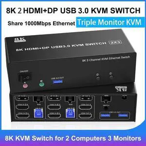 KVM Switch 3 Monitors 2 Computers, 2 HDMI + DisplayPort USB 3.0 KVM Switch Triple Monitor for 2 Computer Share 1000Mbps RJ45 Ethernet, with 3 USB 3.0 Ports, 3.5m Audio&Microphone, Wired Remote KVM Switch 3 Monitors 2 Computers, 2 HDMI + DisplayPort USB 3.0 KVM Switch Triple Monitor for 2 Computer Share 1000Mbps RJ45 Ethernet, with 3 USB 3.0 Ports, 3.5m Audio&Microphone, Wired Remote