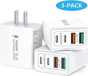 WISDUM [3 Pack] USB C Charger Block, 40W 4-Port PD + QC Fast Charger Power Adapter, USB C Wall Charger Plug Multiport Type C Fast Charging Block Cube Brick for Cellphones,Tablet PC, Earbuds etc..