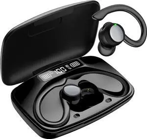 WISDUM True Wireless Earbuds, Bluetooth Headphones 120H Playback Wireless Sports Earbuds with Over Ear Earhooks LED Display Charging Case IPX7 Waterproof Bluetooth Earphones for Running Workout, Black