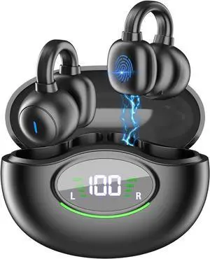 WISDUM Ear Clip Earbuds, Bluetooth 5.3 Wireless Bluetooth Headphones with 4 HD Mic and 42 Hours Reproduction Dual LED Display Charging Case, IPX7 Waterproof Sports Wireless Earbuds