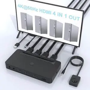 WISDUM 4K HDMI KVM Switch 4 Ports for 4 Computers Share One HD 4K Monitor, 3 USB Devices Keyboard Mouse Printer, 2 3.5mm Headphone Jack, Including 4 HDMI Cable and 1 Remote Controller