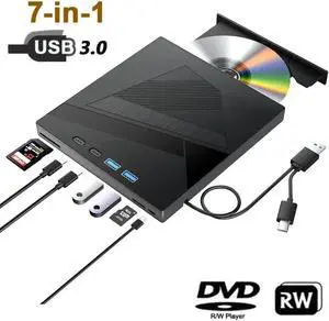 WISDUM  7-in-1 External CD/DVD Drive for Laptop, USB 3.0 and Type-C DVD Player Portable +/-RW Burner,Reader Rewriter Writer Disk Duplicator Compatible with Latptop PC Windows XP/7/8/10, Linux MacOS