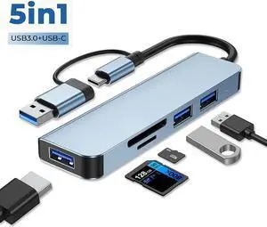 WISDUM  [5 in 1] USB & Type C Hub, Multiple USB Hub 3.0 & TF/SD Card Reader, USB Splitter 5 Ports USB Extender Compatible with Mac-Book/Pad Pro/Dell/HP Laptop/Phones