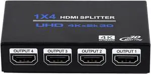 WISDUM  1x4 HDMI Splitter, 1 in 4 Out HDMI Splitter Audio Video Distributor Box Support 3D & 4K x 2K Compatible for HDTV, STB, DVD, PS3, Projector Etc