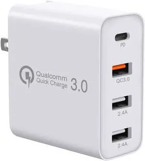USB C Charger, 48W 4 Ports Fast Charging PD Wall Chargers Quick Charge 3.0, Multi Port USB-C Travel Adapter for SamsungS10/S9/S8/Plus, iPhone Xs/Max/XR/iPhone11, Mainstream Models, Fully Compatible
