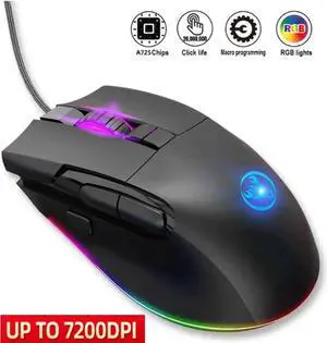 WISDUM  Programmable Gaming Mice, USB Wired Mouse with RGB Backlight 1.6M 8D Mechanical Macro Gaming Mouse with 8 Buttons for Computer Game Player, 7200dpi Adjustable ABS Material
