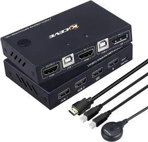 Displayport HDMI KVM Switch, DP+HDMI 2 Port KVM Switch, HDMI and Displayport USB Switch for 2 Computers Share One Set Keyboard Mouse Printer and One Monitor, 4K @30Hz with DP to HDMI Function